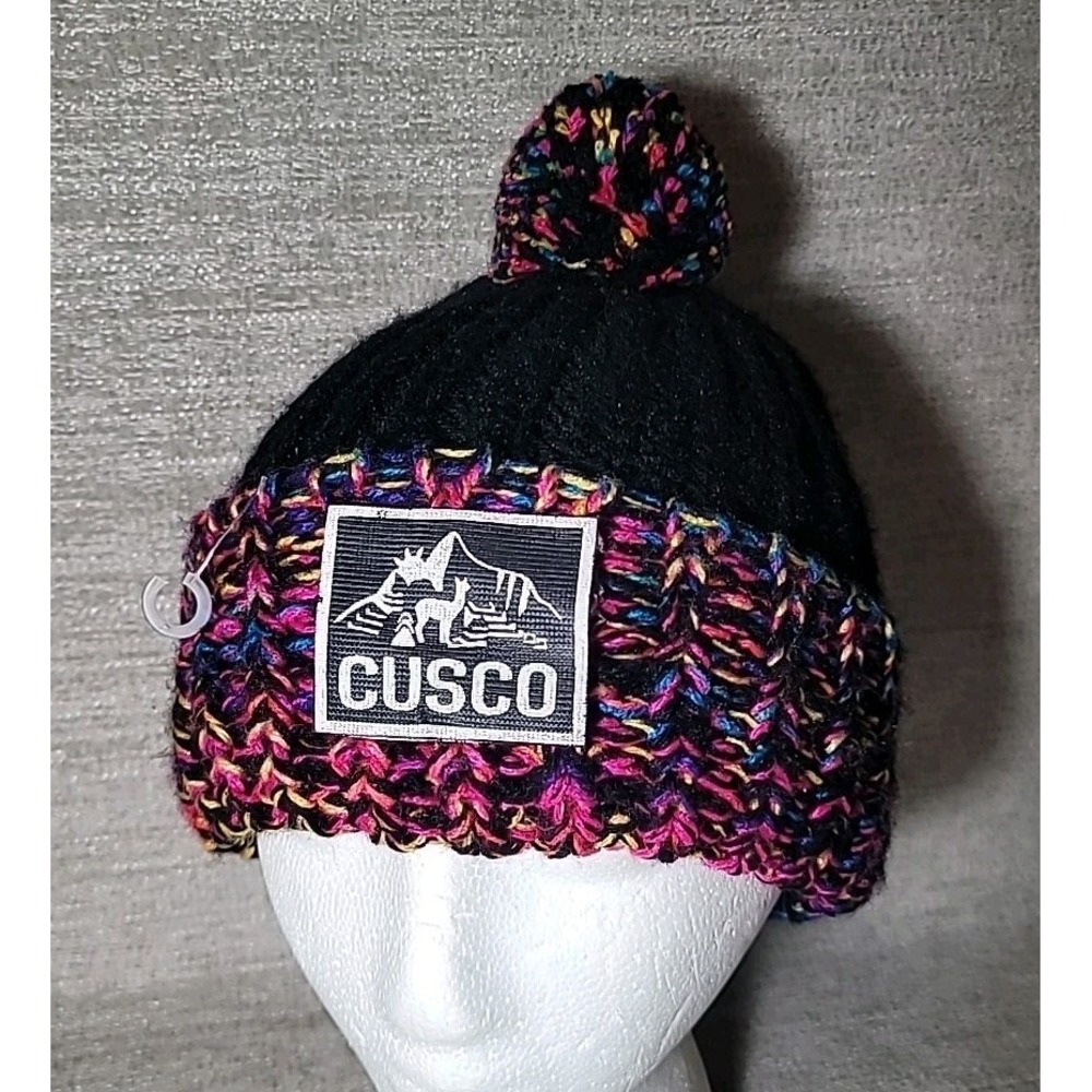 Cusco Knit Cuffed Pom Pom Beanie Winter Hat Black Multi Color EUC‎